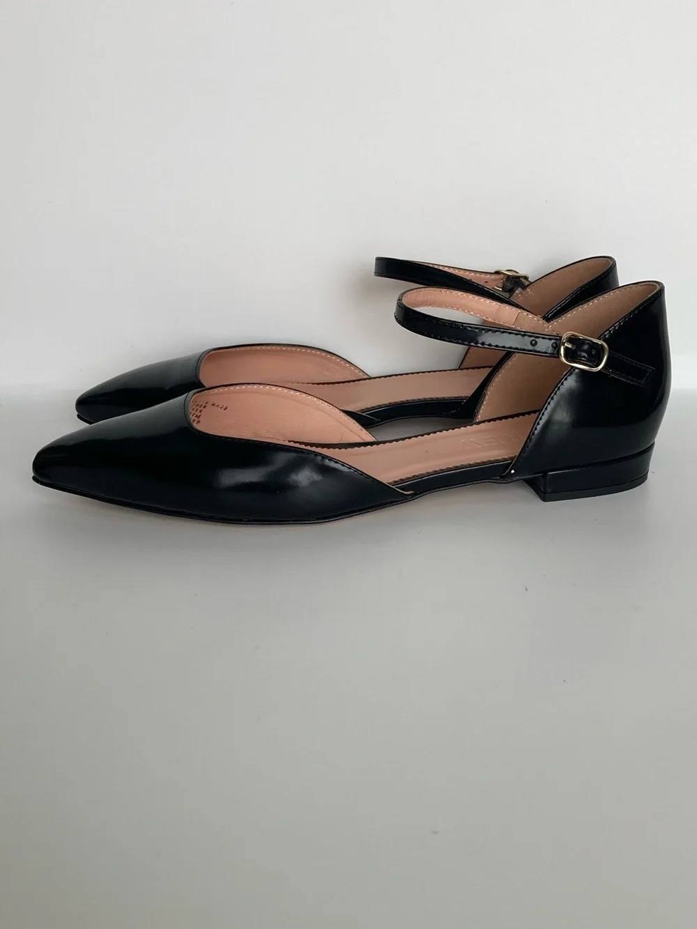 J. Crew Black Patent Pointed D'Orsay Flats with Ankle Strap
